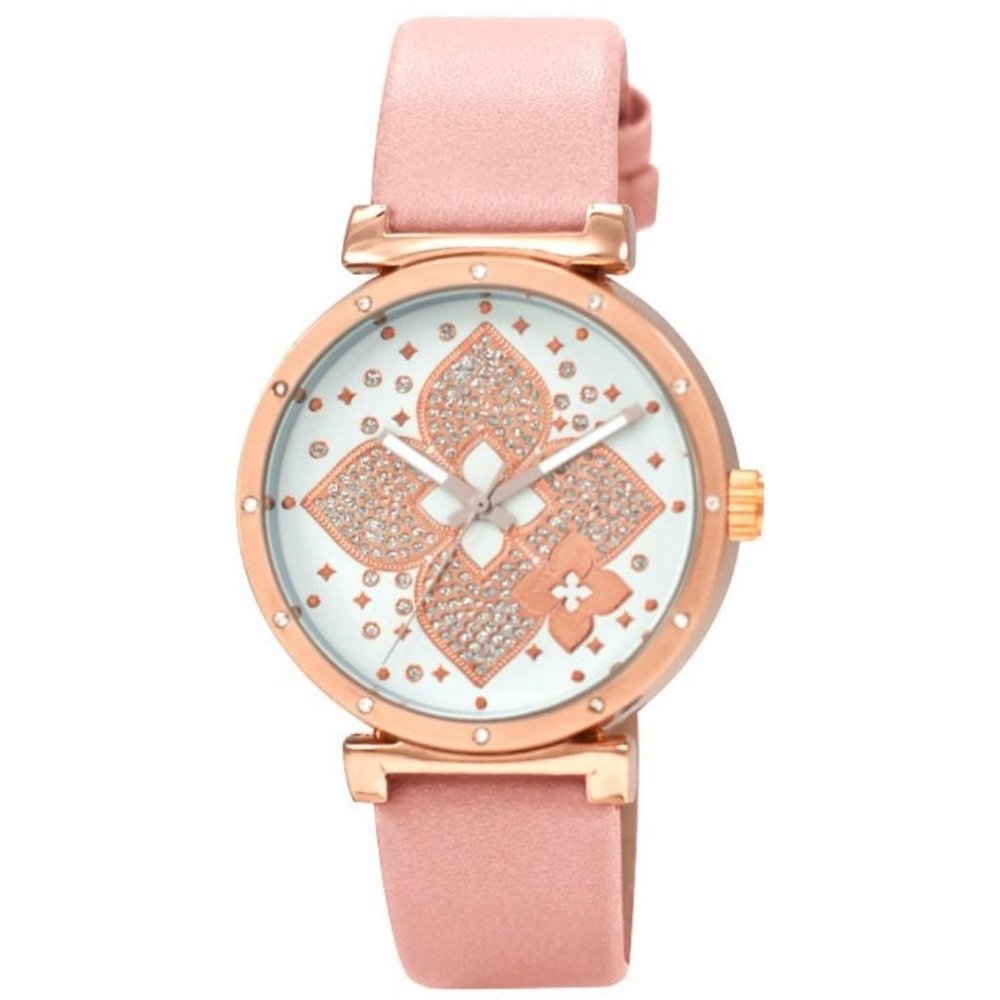 42mm Montres Carlo Womens Flower Luxury Pink Leather Band Fashion Dress Watch
